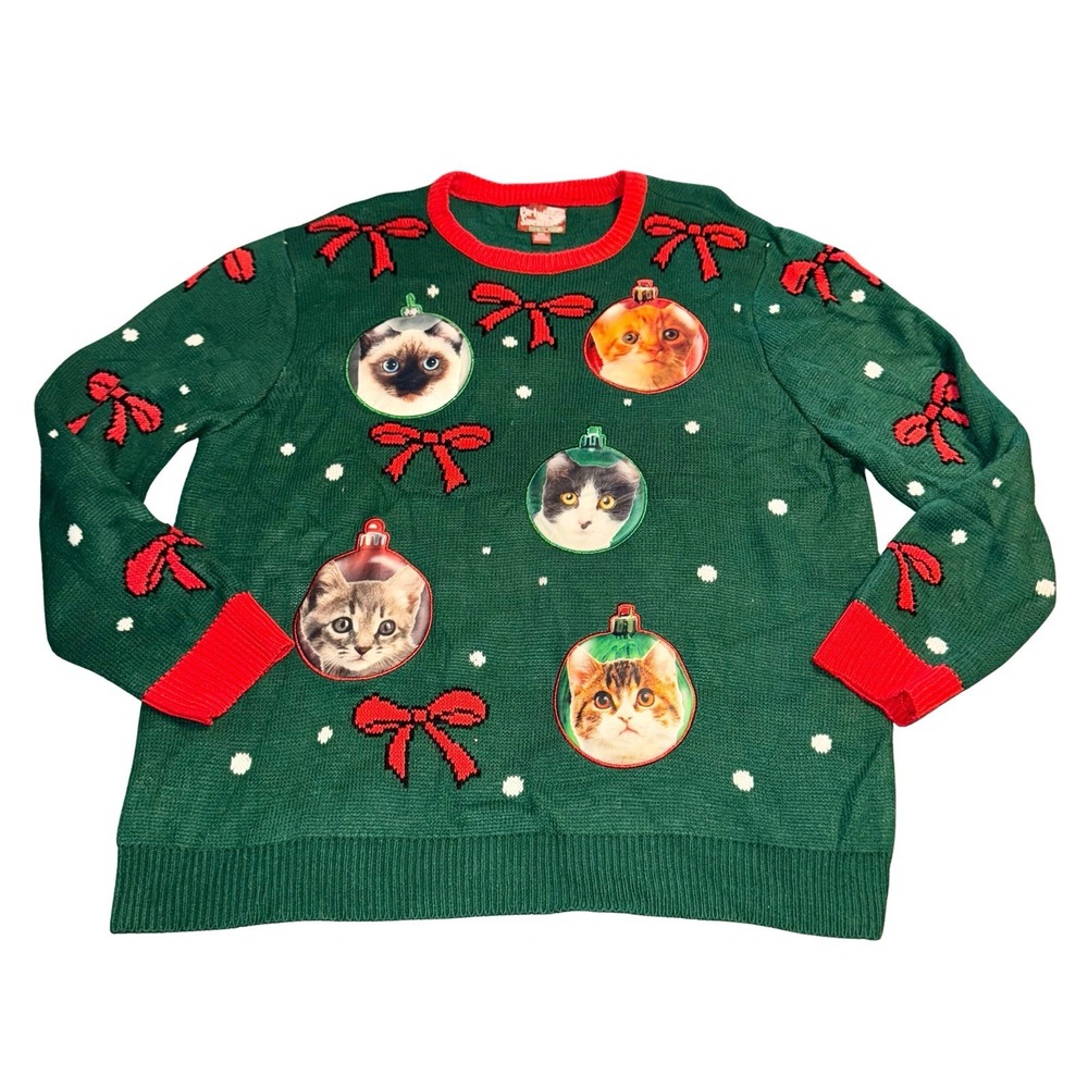 Ugly Christmas Holiday Sweater 2XL Party‎ Sweater Dec 25 Green Cat Ornament